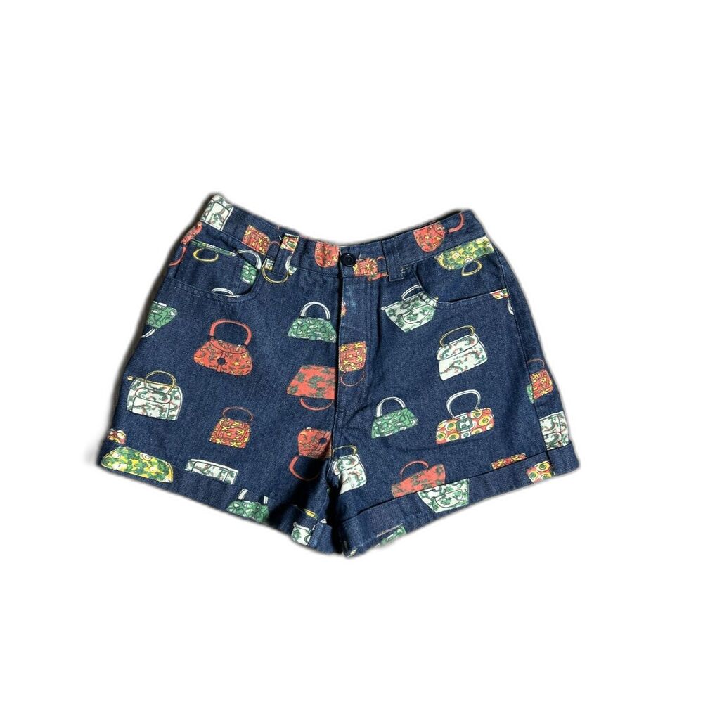 Tatyana Retro Novelty Handbag Print High Rise Denim Shorts - Size Small
